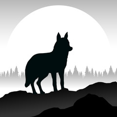 grey wolf silhouette in minimal black and white landscape vector