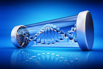 Science and chemistry concept, DNA molecule with helix strands in the closed hermetic container on blue background