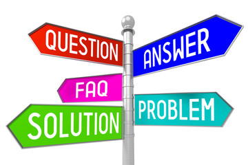 Signpost with 5 arrows - question, answer, faq, problem, solution.