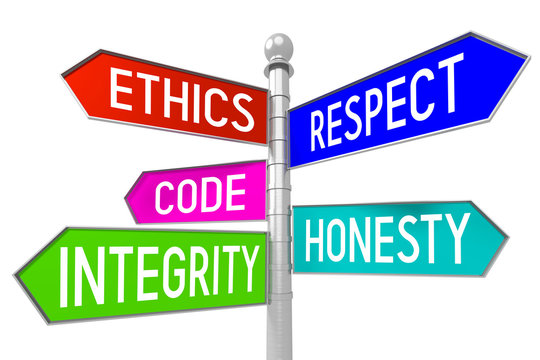 Signpost with 5 arrows - business ethics concept - ethics, respect, code, honesty, integrity.