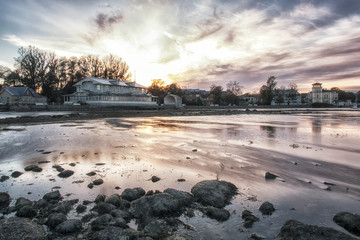 ebb in baltic sea. low water and town