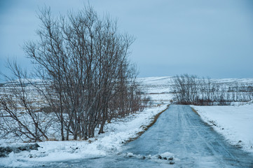 An iced road on the island of Hrisey in Northern Iceland