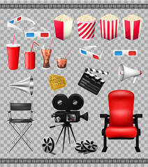 Big set of collection elements of cinema isolated on transparent background vector illustration. Composition poster postcard with retro camera director,3D-glasses, when ticket, popcorn.