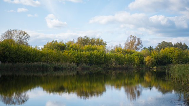 A small lake in the Park, the yellowing trees along the shore. The reflection of sky and trees in the water of the lake. A beautiful scenic place