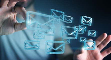Businessman holding and touching floating emails 3D rendering