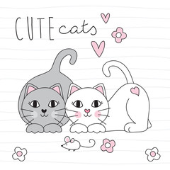 cute cats and mouse vector illustration