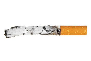 Smoked cigarette with ash on a white background