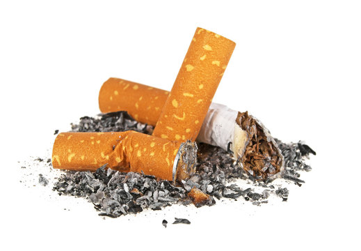 Cigarette butts on a white background