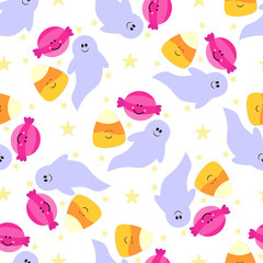 Seamless tiling Halloween vector texture with ghost, candy and stars