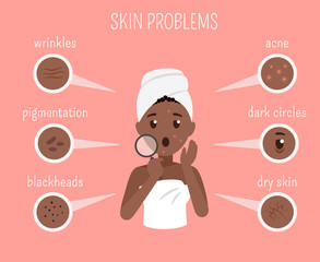 African American woman facial skin problems. Black skin care infographic
