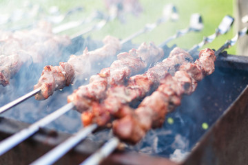 Shish kebab roasting on a grill on skewers. Close up. Preparation. Horizontal.