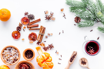 Celebrate new year winter evening with hot drink. Mulled wine or grog ingredients. White background...