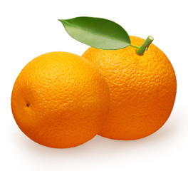 Whole fresh orange fruit with green leaf next to lying