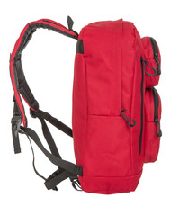Red backpack on white background
