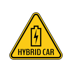 Hybrid car caution sticker. Save energy automobile warning sign. Charging battery contour icon in yellow triangle.