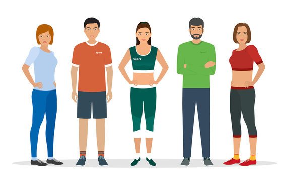 Group of people in sportswear for sports exercises in gym. Men and women characters dressed to fitness.