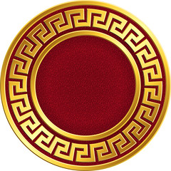 Golden round frame with traditional vintage Greek Meander pattern on the red background for design template. Gold pattern for decorative tiles and plates Traditional vintage Golden round Greek
