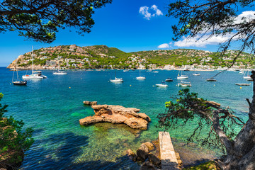 Beautiful bay with boats at the seaside of Port de Andratx on Majorca, Spain