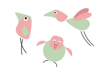 Three comic birds. Cartoon character. Red and green. Isolated objects. White background.