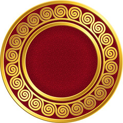 Golden round frame with traditional vintage Greek Meander pattern on the red background for design template. Gold pattern for decorative tiles and plates Traditional vintage Golden round Greek