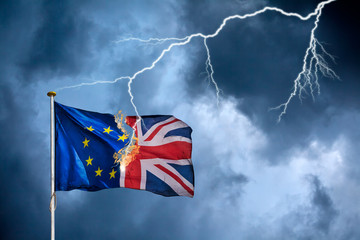 Concept of the British Brexit with the English flag struck by lightning