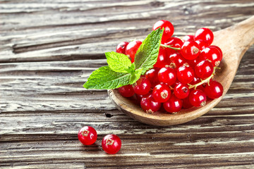 Fresh harvested redcurrant in wooden spoon on rustic wooden table background, selective focus, copy space.