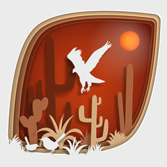 Paper art carve to bird on tree branch in forest at night, origami concept nature and animals idea, vector art and illustration.