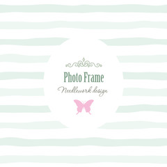 Elegant vintage template - oval frame with decorative elements on stripped background.