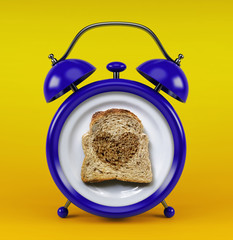 Blue alarm clock with toast bread heart concept isolated on yellow background