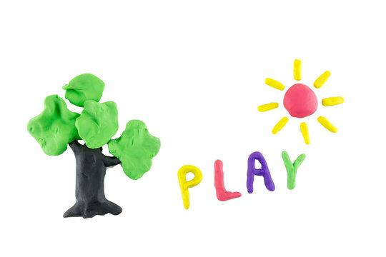 close up play dough tree, sun play isolated on white background.