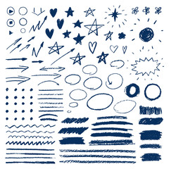 Doodle with crayons. Set of hand drawn stars, hearts, sun, arrows. Brush strokes of pencil or pastel. - 171225364