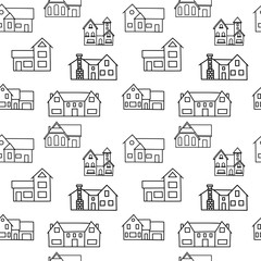 Seamless pattern of hand drawn houses on white background