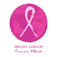 Fototapeta premium Round logo with Earth globe and pink ribbon from hand written brush strokes on white background. National Breast Cancer Awareness Month. Vector illustration