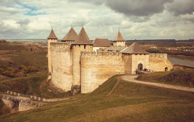 Medieval landscape and walls of structure the Khotyn Fortress, Ukraine. The castle is located on the right bank of the Dniester River. Built in the 14th century