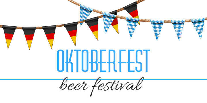 Oktoberfest decoration. Beer festival decorated in traditional colors of the German and Bavarian flags. Garlands with a blue-white checkered pattern and German tricolor. Vector illustration