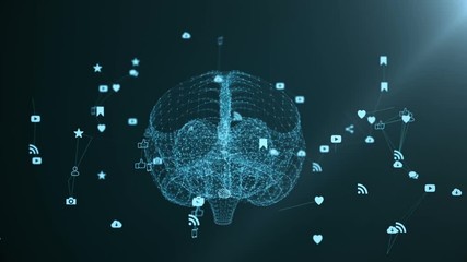 The human brain is formed by spinning multimedia icons.