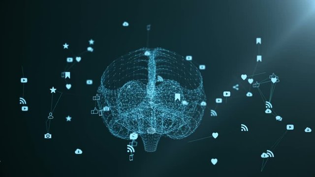 The human brain is formed by spinning multimedia icons.
