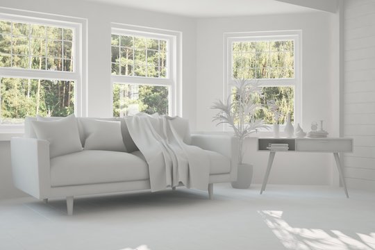 Idea of white room with sofa and summer landscape in window. Scandinavian interior design. 3D illustration