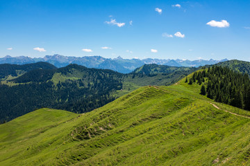 Fototapeta premium Bavarian Alps with mountain view and meadows in the Allgau