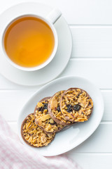 Chocolate chip cookies with nuts and raisins.
