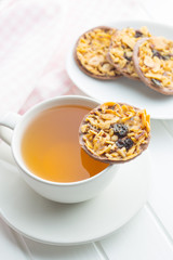 Chocolate chip cookies with nuts and raisins.