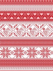 Nordic style and inspired by Scandinavian Christmas pattern illustration in cross stitch, in red and white including Robin , snowflake, heart, stars, and decorative seamless ornate patterns 
