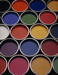 Cans of coloured paint