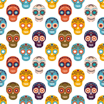 Vector seamless pattern with colorful flower sugar skulls for Halloween designs, textile and clothing