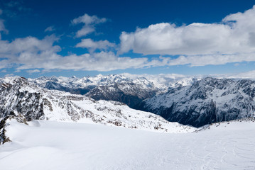Fototapeta na wymiar Winter landscape of Alpine mountain range. Solden, Austria