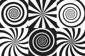 Horizontal banner set of psychedelic spiral with radial rays, twirl, twisted comic effect, vortex backgrounds. Vector illustration. Design elements.