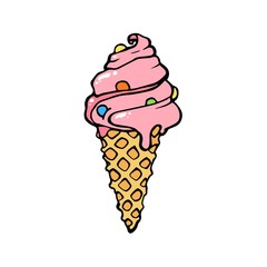 Ice cream dessert with caramel or chocolate. ice cream with nuts,sweet vanilla whipped cream and fruit ice. Vector illustration, lines on a white background.