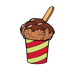 Ice cream dessert with caramel or chocolate. ice cream with nuts,sweet vanilla whipped cream and fruit ice. Vector illustration, lines on a white background.