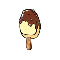 Ice cream dessert with caramel or chocolate. ice cream with nuts,sweet vanilla whipped cream and fruit ice. Vector illustration, lines on a white background.