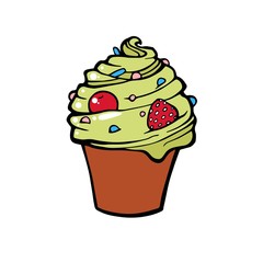 Ice cream dessert with caramel or chocolate. ice cream with nuts,sweet vanilla whipped cream and fruit ice. Vector illustration, lines on a white background.